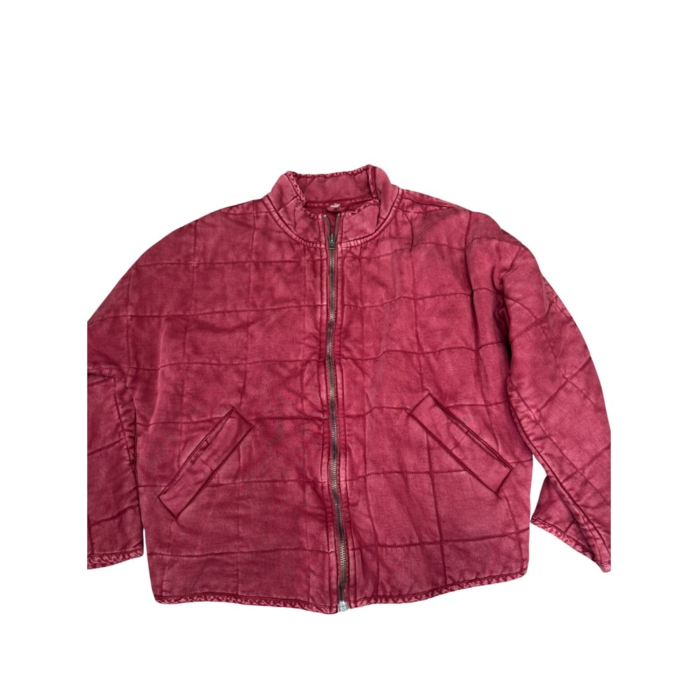 Free People Dolman Quilted Knit Jacket Red Washed Zip Up Mock Neck Medium